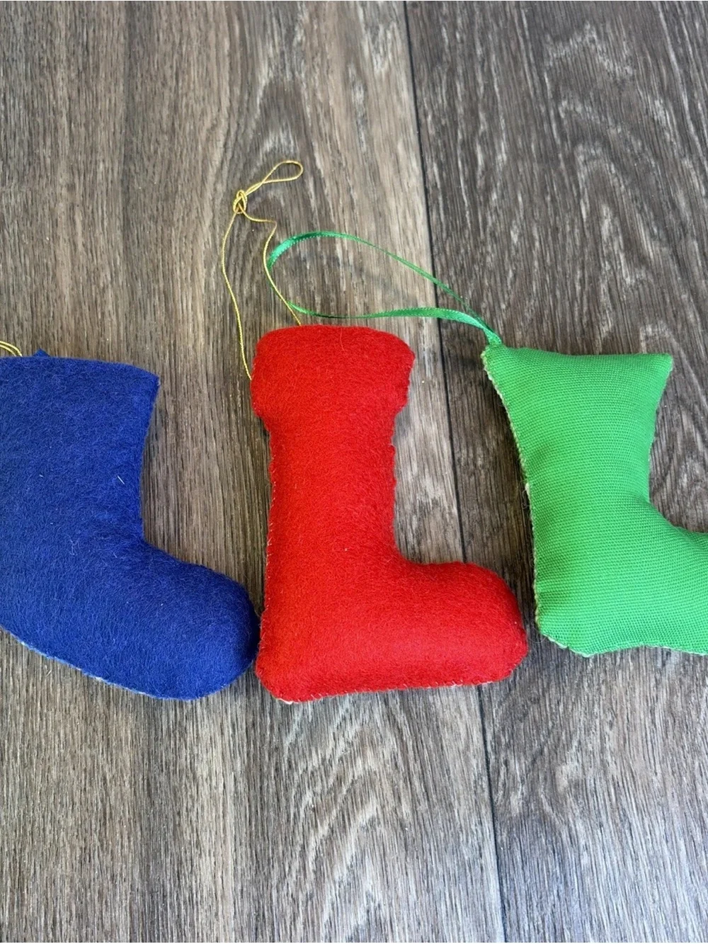3 Vintage Handmade 1970's Cross Stitch Plush Christmas Stocking Ornaments